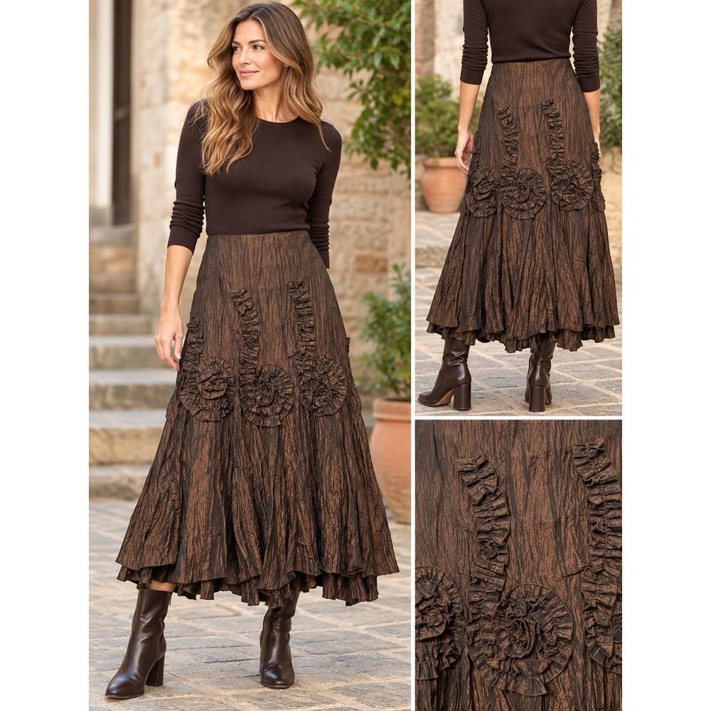 Svetlana Skirt 10 NWT Bronze Crinkle 3D Ruffle Rosette Art to Wear Midi Y2K